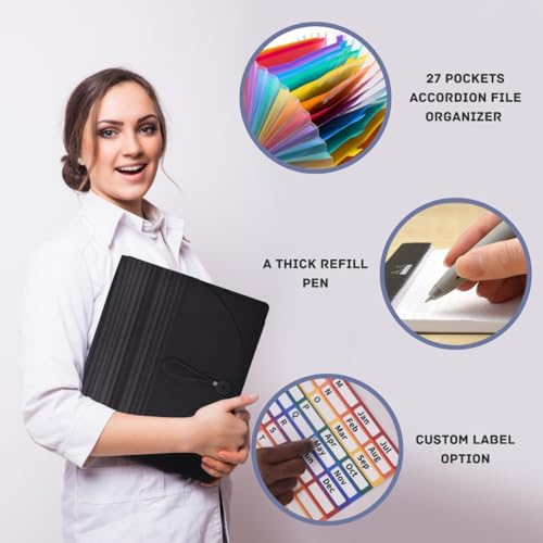 Image of 27 Pocket File Organizer & A Pen, A4 /Letter Size Portable Accordion Files & Folders, Expanding File Folder, Document Organizer Bag (Black, 27 Pocket Expandable File Folder, 27)