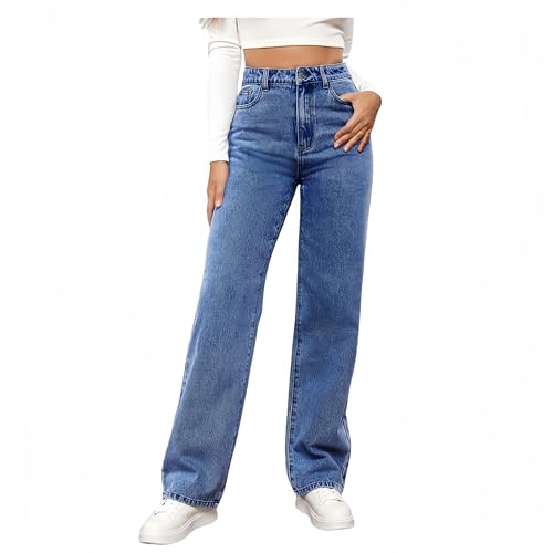 Womens High Waist Jeans Straight Leg Trendy Tummy Control Boyfriend Jeans Pockets Loose Wide Leg Ankle Denim Pants