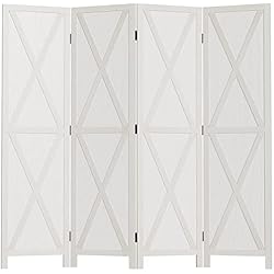 HOMCOM Biombo de 4 Paneles Separador de Ambientes Plegable 182x170 cm Divisor de Habitación de Madera Decoración Elegante para Dormitorio Salón Blanco