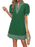 Wenrine Womens Summer V Neck Shift Dresses Casual Puff Short Sleeve Color Block Short Boho Beach Dresses with Pockets Green