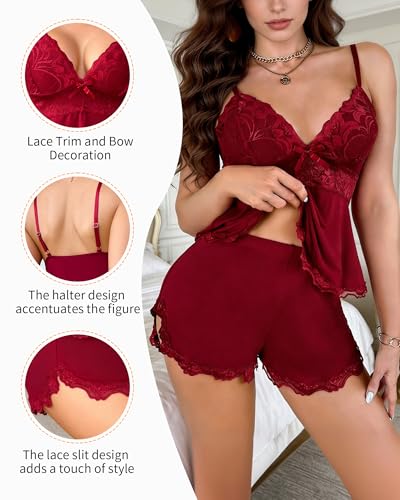 Pyjama d'été doux et fluide en dentelle bordeaux avec short, taille S