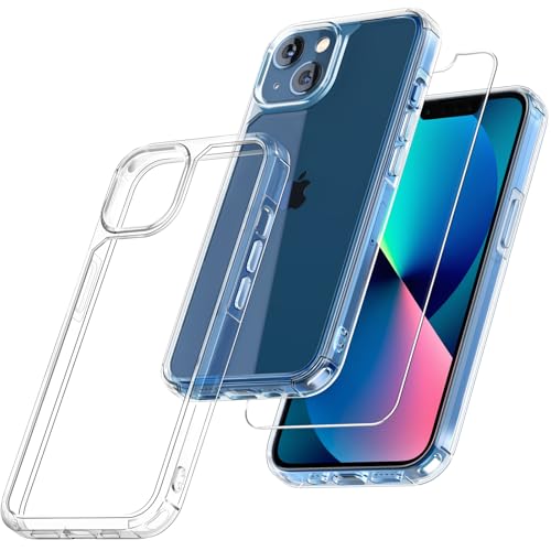 Image of TAURI for iPhone 13 Case, with Screen Protector, Clear | Anti-Yellowing Military-Grade Protection Shockproof Slim Phone Case for iPhone 13