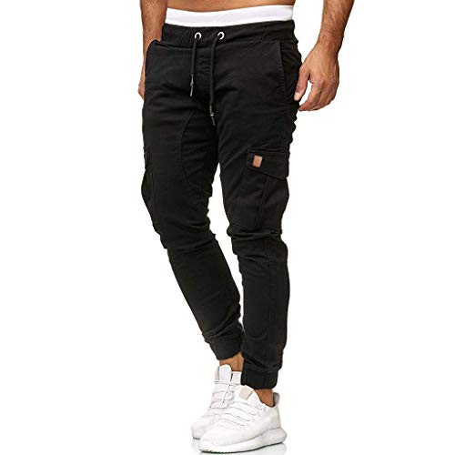 Men Cargo Sweatpants Slacks Casual Elastic Joggers Sport Baggy Pockets Trousers Black