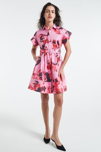 Image of D-Sun Women Button Down Shirt Dress V-Neck Floral Printed Short Sleeve Mini Dress Casual Belted Short Party with Pocket