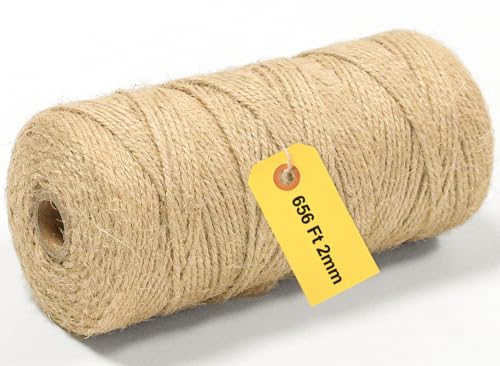 Jute Twine String - 656ft Eco-Friendly Natural Cord for Crafts,Butcher Cooking & Packaging | 2mm Thick Jute Rope | Extra Long Decorative Tying,Plant Support & DIY Projects