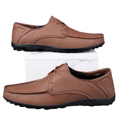 Men's Leather Round Toe Flat Lace-Up Loafers Slip-On Comfort Non-Slip Soft-Sole Moccasin Loafers Fashion Casual Business Formal Shoes4