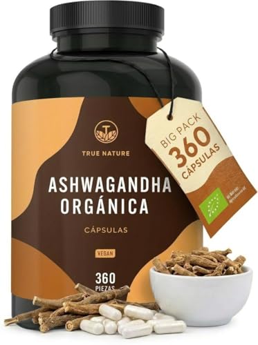 Ashwagandha ecológica - 360 Cápsulas (BIG PACK) - Dosis alta: 2600mg diarios (90 días) - 650mg por cápsula - ashwagandha orgánica cápsulas - Vegano - TRUE NATURE