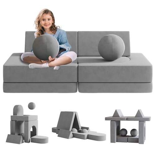 Neoriver Kids Couch, 10PCS Modular Kids Play Sofa with 2 Balls and Tunnel, Fold Out Toddler Couch for Playroom Bedroom, 2000+ Creative Kid Sectional Sofas for Boys and Girls, Grey