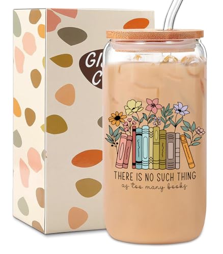 AKAQCHANG Book Lovers Gifts,Mothers Day Reading Accessories Coffee Tumbler Book Women,Readers,Bookworm Coffee Tumbler,Gifts for Birthday Christmas,16 oz Cute Glass Cups with Lids and Straws
