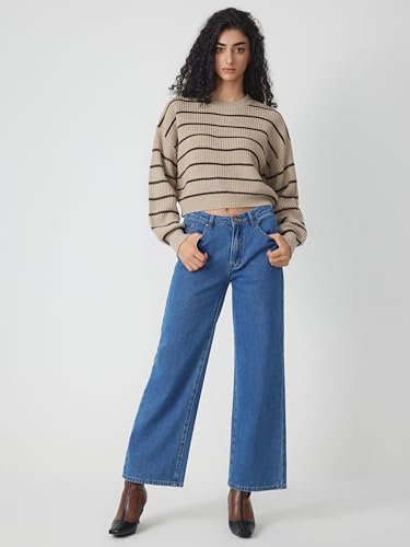Image of CIDER Women's Cropped Striped Sweater Long Sleeve Crew Neck Trendy Pullover Tops