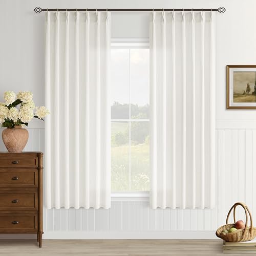 Image of Cream Semi Sheer Linen Pinch Pleated Curtains 63 Inch Long | Beige Ivory Neutral, Light-Filtering Semi Sheer, Bedroom, Faux Linen Textured, Hook Rings Memory Shape Pleat, Boho Modern