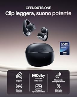 SHOKZ OpenDots ONE Cuffie Open-Ear, Audio Dolby Premium, Auricolari a Clip da 6,5 g, Bluetooth 5.4, Wireless con Microfono, Ricarica Rapida, 40 ore di Autonomia, IP54, con Panno per la Pulizia - Nero
