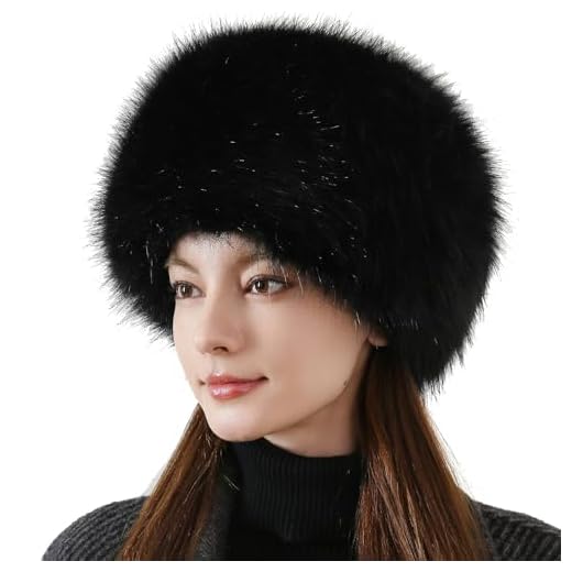 Dikoaina Faux Fur Cossack Russian Style Hat for Ladies Winter Hats for Women, Medium, Black