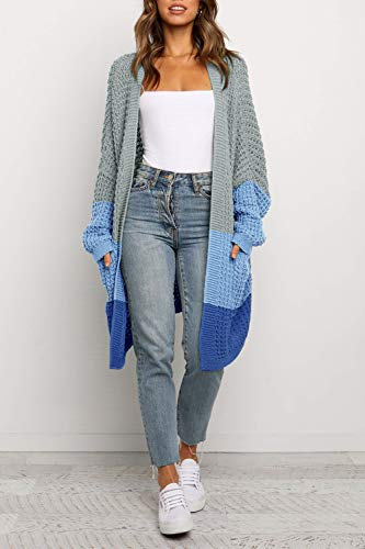 BTFBM Women Long Sleeve Open Front Plain Knit Cardigan Fashion Color Block Striped Slouchy Loose Pockets Sweater Outwear (Grey Blue, Large)