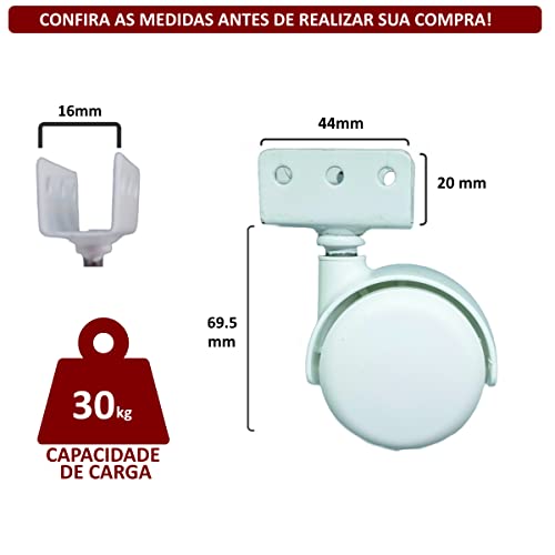 Kit 2 Rodizio para moveis Giratório com freio + 2 sem freio 50mm Perfil U 16mm Branco Squadroni