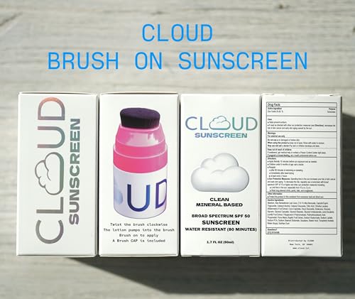 CLOUD Brush on Mineral Sunscreen Lotion - SPF 50 - No-Mess Applicator for Kids, Babies & Family - Reef Safe, Non-Nano Zinc Oxide, No Messy Hands, Blends Clear, Fragrance Free, Moisturizing.