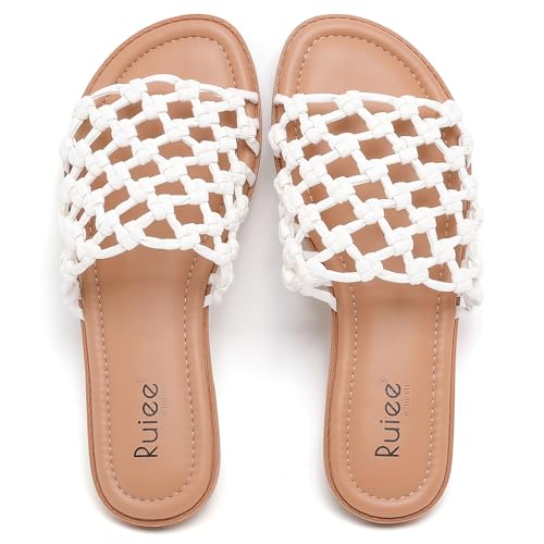 Wide Width Sandals for Women, Summer Wide Feet Slides Sandal Casual Flat Slides Comfort Braided Slip on Sandals Beach Shoes for Women. 9 X-Wide White