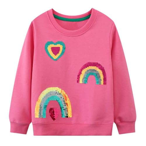 Little Hand Toddler Girls Sequin Rainbow Sweatshirt Pink Cotton Long Sleeve Toddler Casual Jumpers Top Kids Clothes Child Pullover Age 4-5 Year