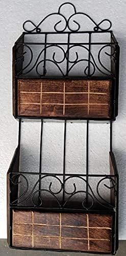 Rustic Wood and Iron Wall Mounted Magazine Rack, 2-Tier Decorative Newspaper Holder, Home Office Storage