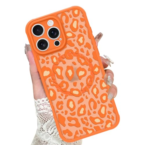 Image of KANGHAR Case for iPhone 16 Pro Orange Leopard Printed Pattern | Cute Cheetah [Compatible with Magsafe] Protective Magnetic Case for Girls Women 6.3 inch