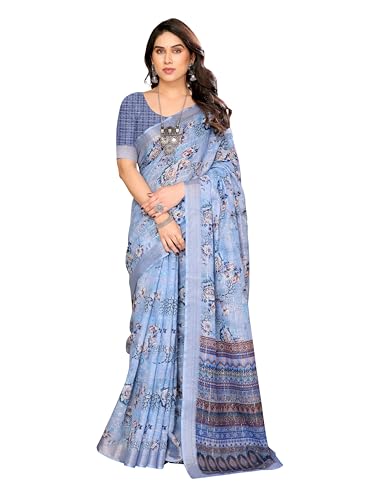 Image of Sidhidata Women's Cotton Linen Blend Lining Digital Printed Saree With Unstitched Blouse Piece (Linen Lining Saree)