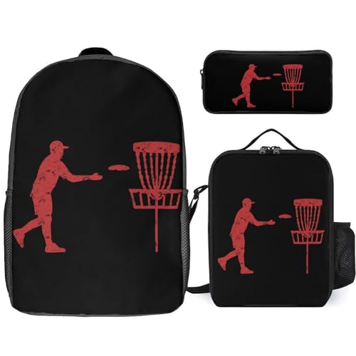 Disc-Golf-Icon-Basket 17In Backpacks with Lunch Bag Pencil Case Set Resistant Daypack 3 Piece