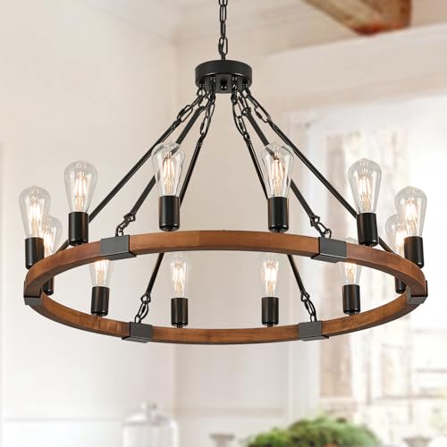 Poemoon 31.5'' Wooden Wagon Wheel Chandelier Farmhouse 12 Lights Wood Round Chandelier Black Rustic Light Fixture