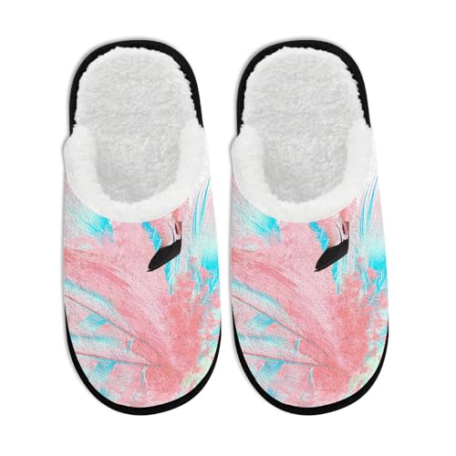 Fuzzy Travel Slippers for Women Men Indoor Outdoor Funny Flamingo Art Print Bedroom Fluffy Slipper Fleece-Lined Fall Winter Warm Cozy Soft Plush House Shoes Holiday Gifts