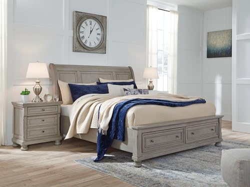 Image of Signature Design by Ashley Sleigh Bed with Drawers, Gray, California King | Burnished wood finish with classic bun feet, 2 footboard drawers, Roll-slat system eliminates box springs, Lettner Series
