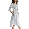 MEROKEETY-Womens-34-Balloon-Sleeve-Striped-High-Waist-T-Shirt-Midi-Dress MEROKEETY Women's 3/4 Balloon Sleeve Striped High Waist T Shirt Midi Dress