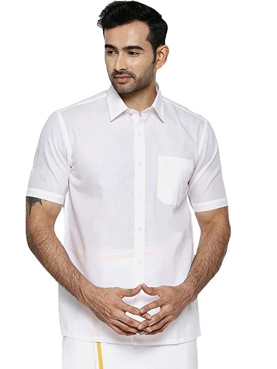 Image of RAMRAJ COTTON Mens Solid Regular Fit Half Sleeve Ethnic White Cotton Shirt