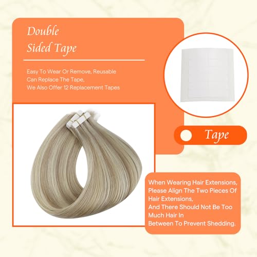 Full Shine Tape in Hair Extensions Human Hair 18 Ash Blonde Highlight 613 Blonde Double Sided Tape Extensions 12 Inch Invisible Straight Hair Extensions Tape Ins 30G 20Pcs Extensions for Women - Image 5
