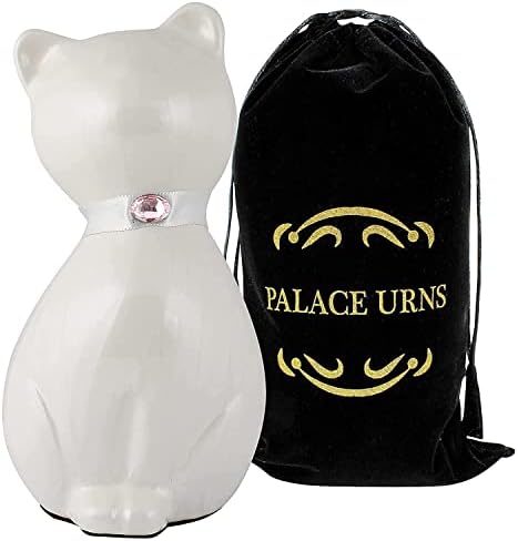 Cat Memorial Urn - Cremation Keepsake for Pet Ashes -Black, White, Or Bronze - Strong Metal Alloy, White Finish, 42 Cubic Inch Capacity - with Velvet Drawstring Bag - 8.25x4.25