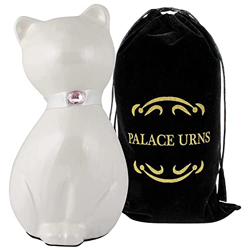 Cat Memorial Urn - Cremation Keepsake For Pet Ashes -Black, White, Or Bronze - Strong Metal Alloy, White Finish, 42 Cubic Inch Capacity - With Velvet Drawstring Bag - 8.25X4.25 #TOP1