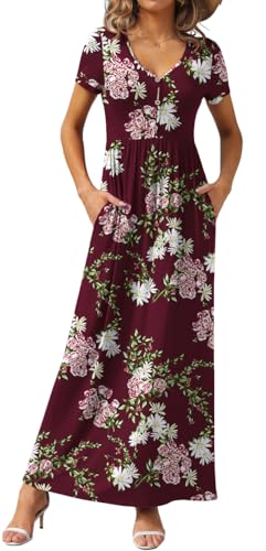 Image of GRECERELLE Womens Summer Long Maxi Dresses 2026 Short Sleeve V Neck Casual Button Dress with Pockets