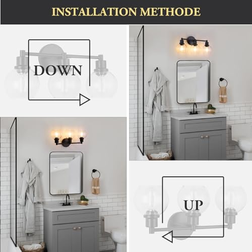 Image of Bathroom Vanity Light 3 Light, Black Bathroom Light Fixtures with Clear Globe Glass Shade, Matted Black Wall Sconce Over Mirror for Kitchen, Living Room