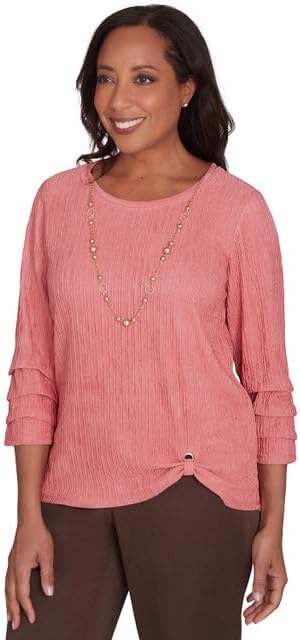 Alfred Dunner Women's Wine Country Textured Novelty Sleeve Top with Necklace