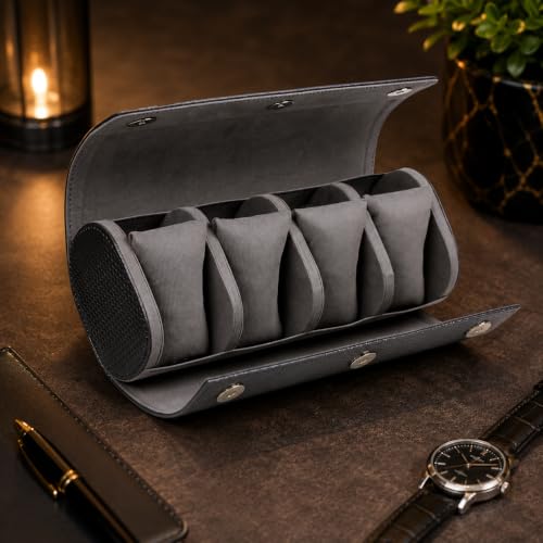 Image of faux Leather 4 Slot Watch Keeping Box for Men Women Watch Organizer Round Case Watch Holder Pouch for Travel with Lock and Cushion in Grey colour