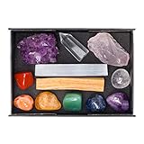 Premium Quality 7 Chakra Healing Crystals Set (12 pc Kit) - Tumbled Stones + Amethyst Cluster, Rose Quartz, Clear Quartz Point, Palo Santo, Selenite Stick + Informational Guide and Gift Box