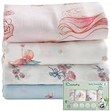 IBESTOPIA Muslin Baby Swaddle Blankets, 4-Pack 47x47 inches, Breathable 100% Rayon from Bamboo Receiving Blanket, Shower & Registry Gift (Blue Unicorn/Fairy/Bow Rose/Pink Unicorn)