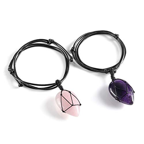 Jovivi Healing Crystals Necklace Handmade Wire Wrapped Copper Natural Amethyst Rose Quartz Gemstone Teardrop Heart Chakra Beads Stone Pendant Quartz Jewelry For Women Men Adjustable #TOP1