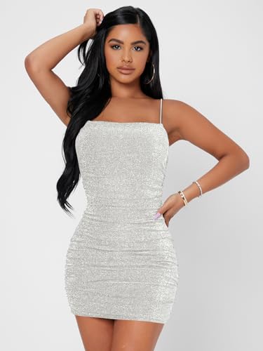 Image of Floerns Women's Glitter Sleeveless Ruched Party Clubwear Bodycon Mini Dress