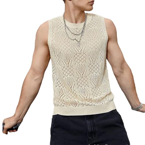 Men Beach Tops Knitted Hollowed Out Vest Crew Neck Sleeveless Clothes Vest