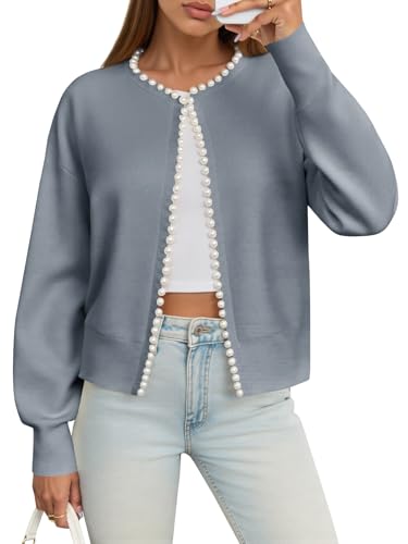 Image of Saodimallsu Womens Fall Open Front Cardigan Sweaters Pearl Long Sleeve Knit Tops Crewneck Dressy Casual Sweater Jacket