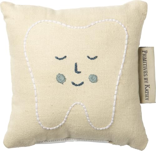 Image of Primitives by Kathy Dear Tooth Fairy Stop Here Mini Tooth Pillow, 5x5-Inch, Cotton Blend, Blue Embroidered Keepsake with Storage Pocket and Tooth Design on Front