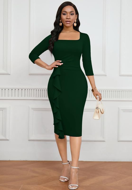 Womens Work Dresses Elegant Square Neck 3/4 Sleeve High Waist Bodycon Ruffle Vintage Church Pencil Midi Dress - Image 4