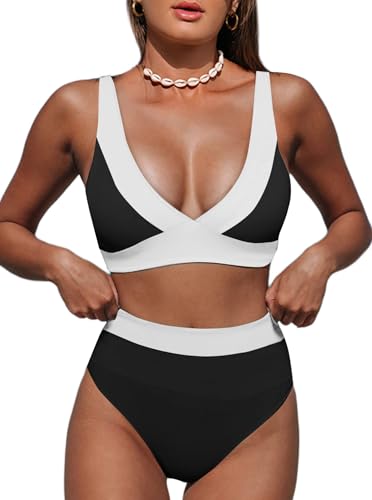 Image of Hilinker Women's Leopard Bikini Swimsuits V Neck High Waisted 2 Piece Bathing Suits