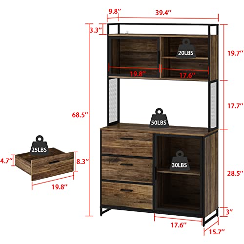 Ecacad Modern Wood Sideboard Buffet Storage Cabinet With Hutch, 2 Metal Mesh Doors, 3 Drawers & 5 Shelves, Kitchen Pantry Cupboard Console Table For Living Room, Dining Room, Brown #TOP1