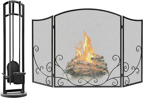 Red de chimenea de hierro forjado negra con protector de chispas de tres paneles 2