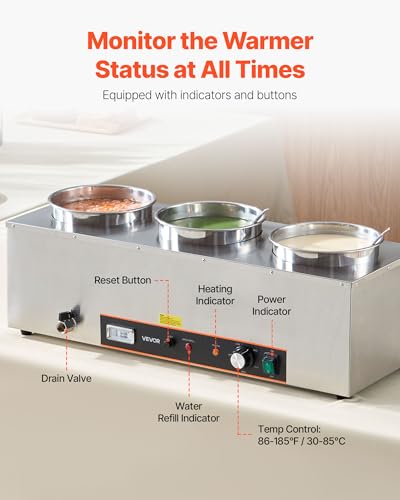 Image of VEVOR Electric Soup Warmer, Three 6.34QT Stainless Steel Round Pot with 86~185F Adjustable Temp, 1500W Commercial Bain Marie with Anti-Dry Burn and Reset Button, Soup Station for Restaurant, Buffet